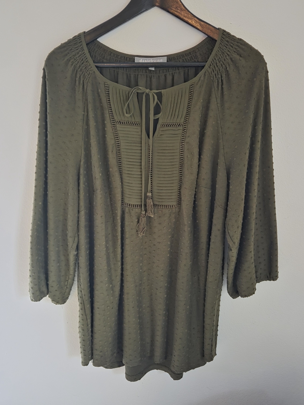 Daniel Rainn Olive Green Textured Peasant Blouse Tassel Detail Plus Size 2x
